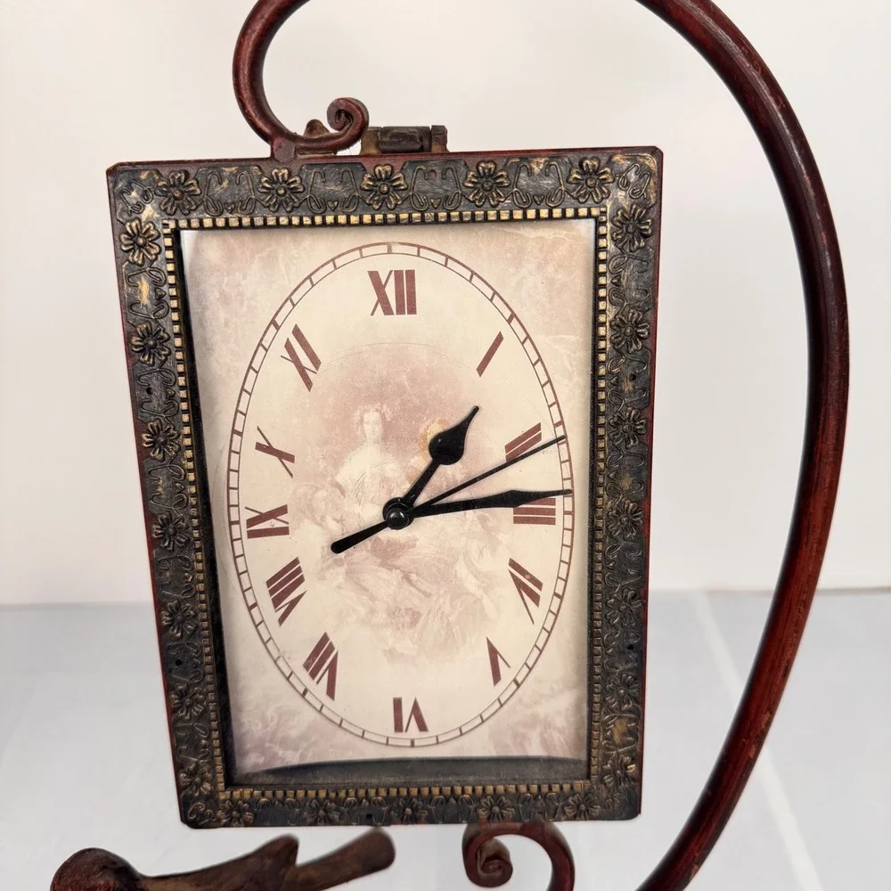 Tabletop Clock Wrought Iron Vintage Shabby Chic Bird Scroll Floral Mantel Decor